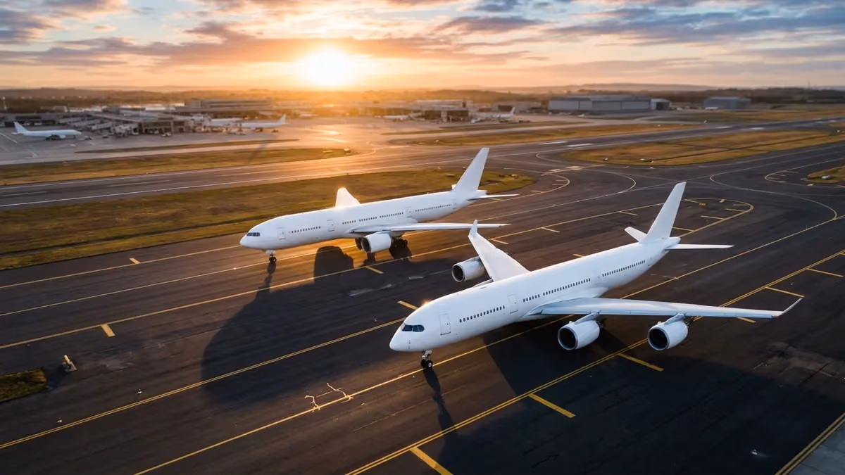 Two widebody jets taxiing side by side at sunrise