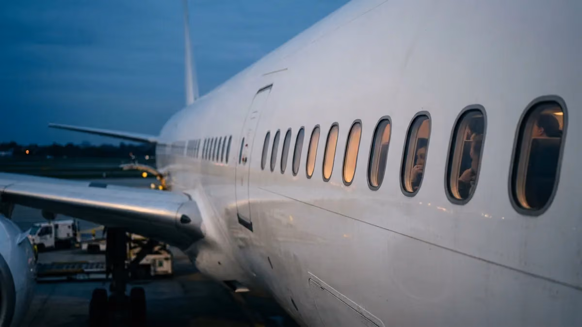 Row of cabin windows on a fuselage, some lit and some dark
