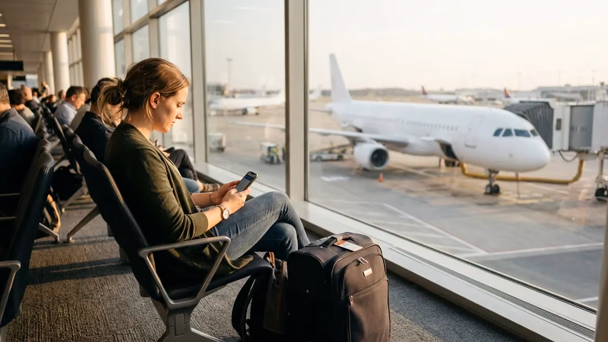 Traveller at a gate checking a phone before boarding