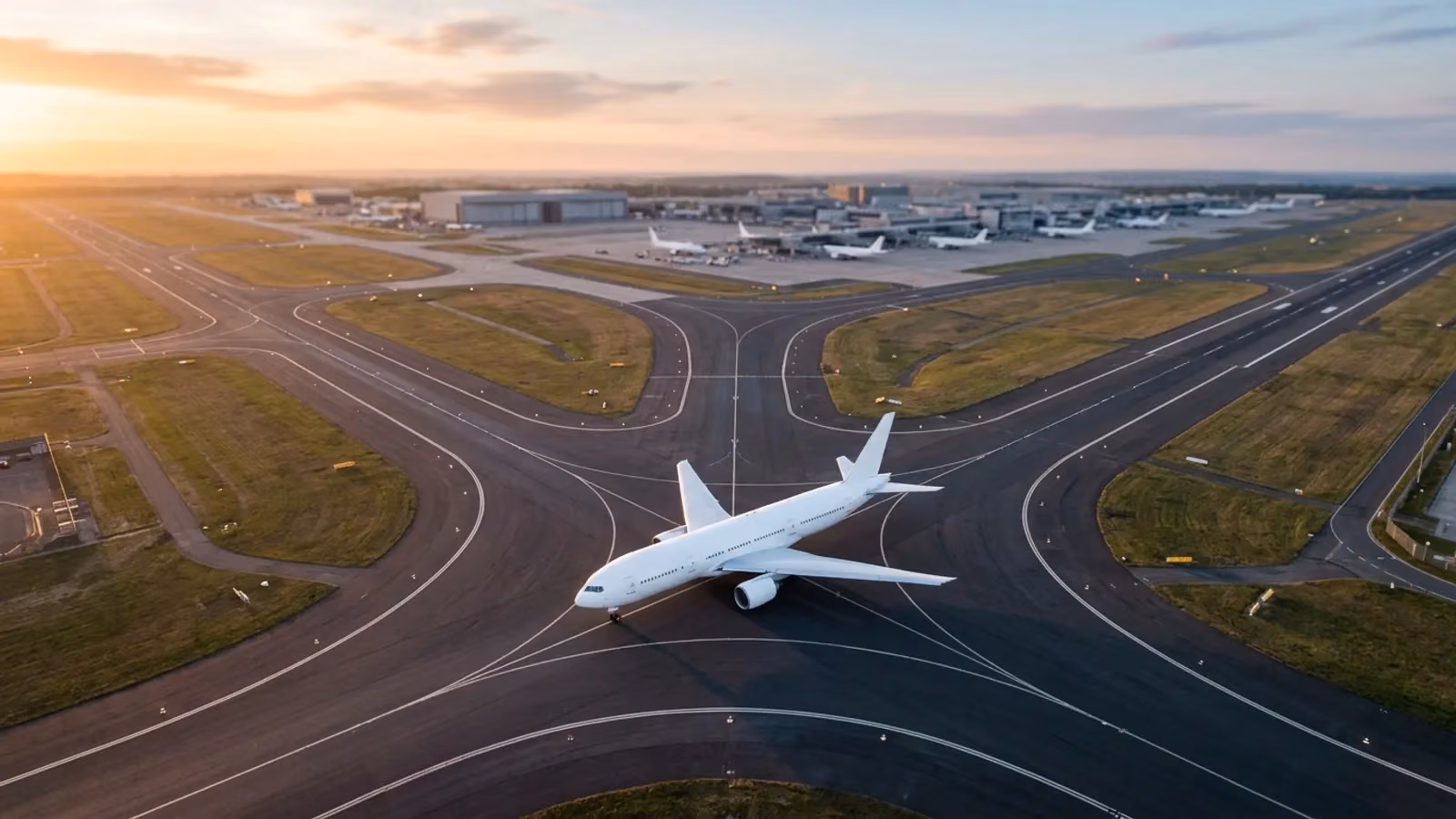 Jet waiting where an airport taxiway splits several ways