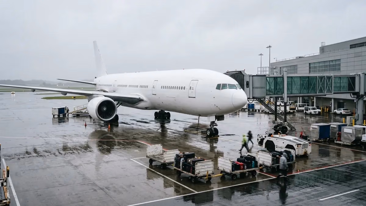 Widebody jet at a gate on a drizzly morning