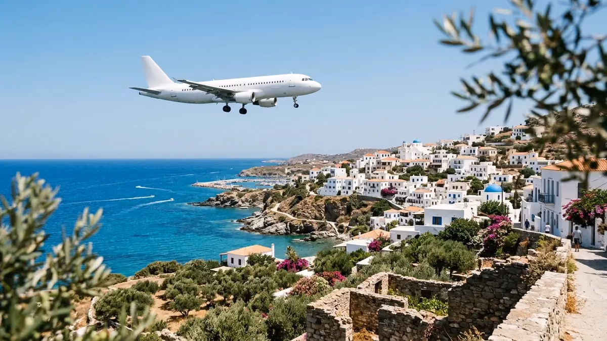 Jet descending over a sunny Mediterranean coast