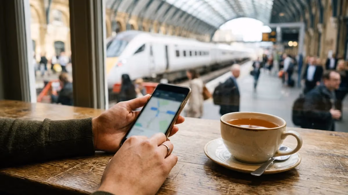 Hand holding a phone over a cup of tea