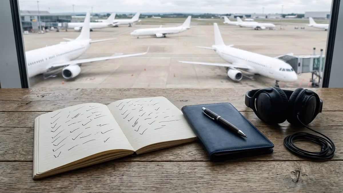 Notebook, pen and travel wallet laid out on a desk