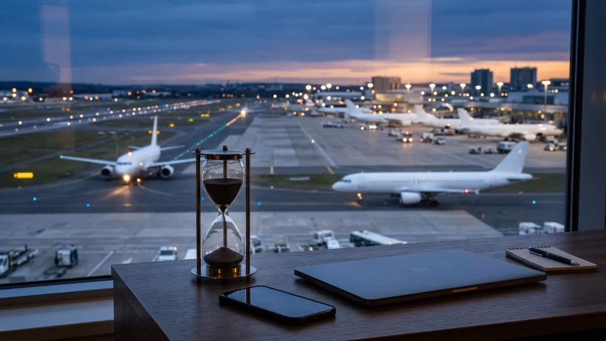 Hourglass on a desk beside a laptop and a phone