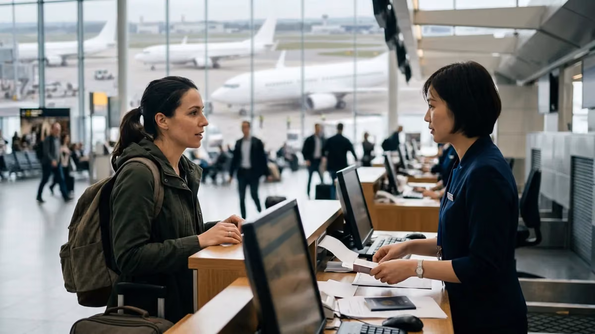 Traveller talking to an agent at a service desk