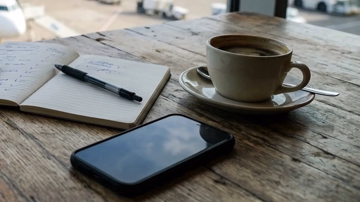 Notebook with ticked boxes, pen, phone and coffee by an airfield