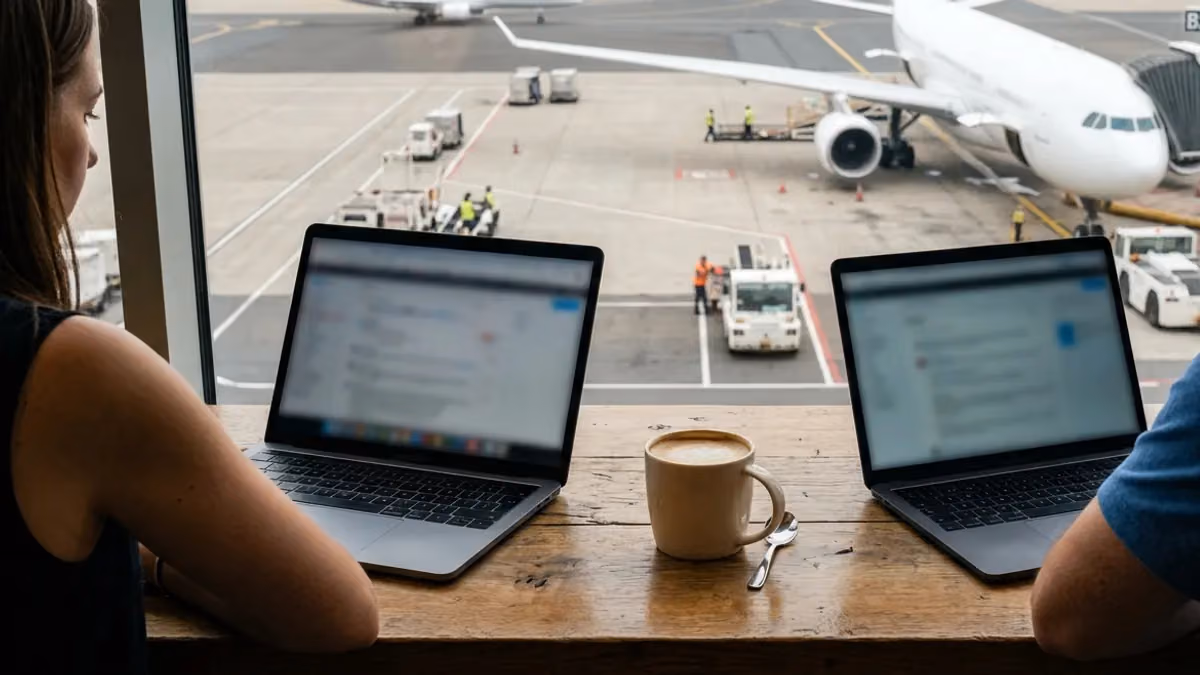 Two laptops side by side on a table by an airport window