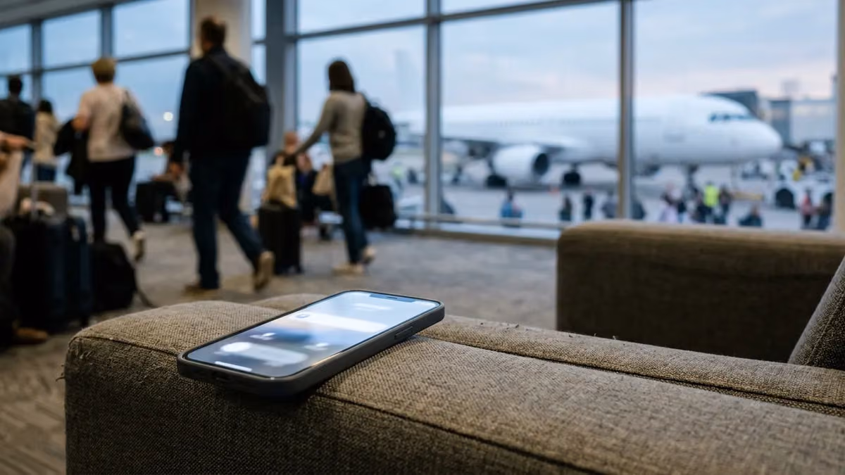 Phone lighting up with a notification on a lounge armrest