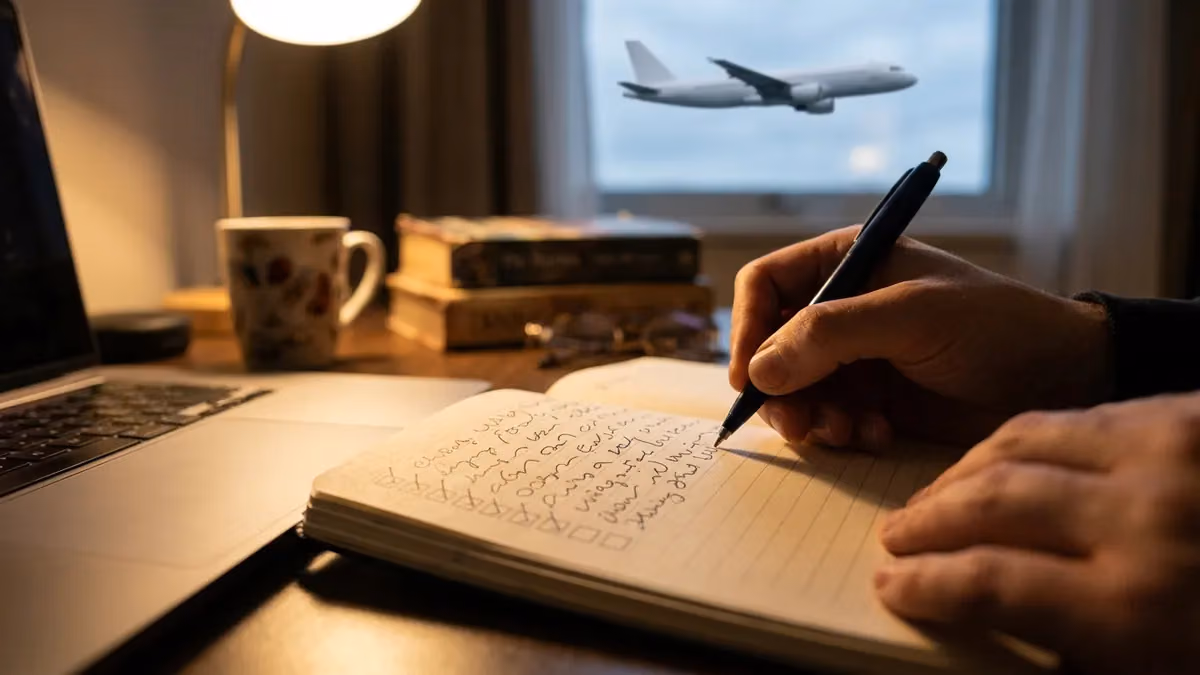 Hands ticking boxes in a notebook beside a laptop