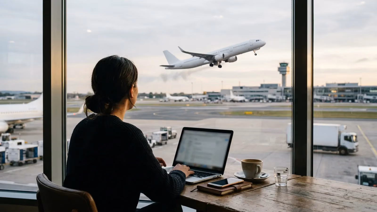 Traveller on a laptop at a window over an airfield