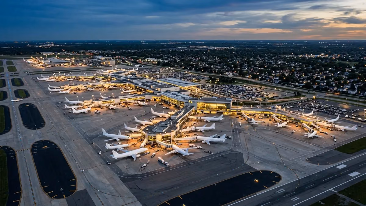Airport beside a city skyline at dusk