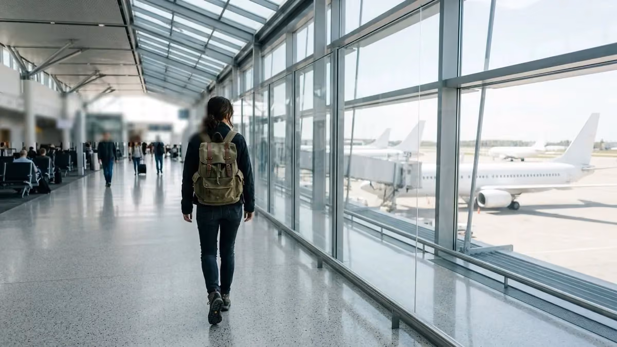 Traveller walking through a terminal towards the gates