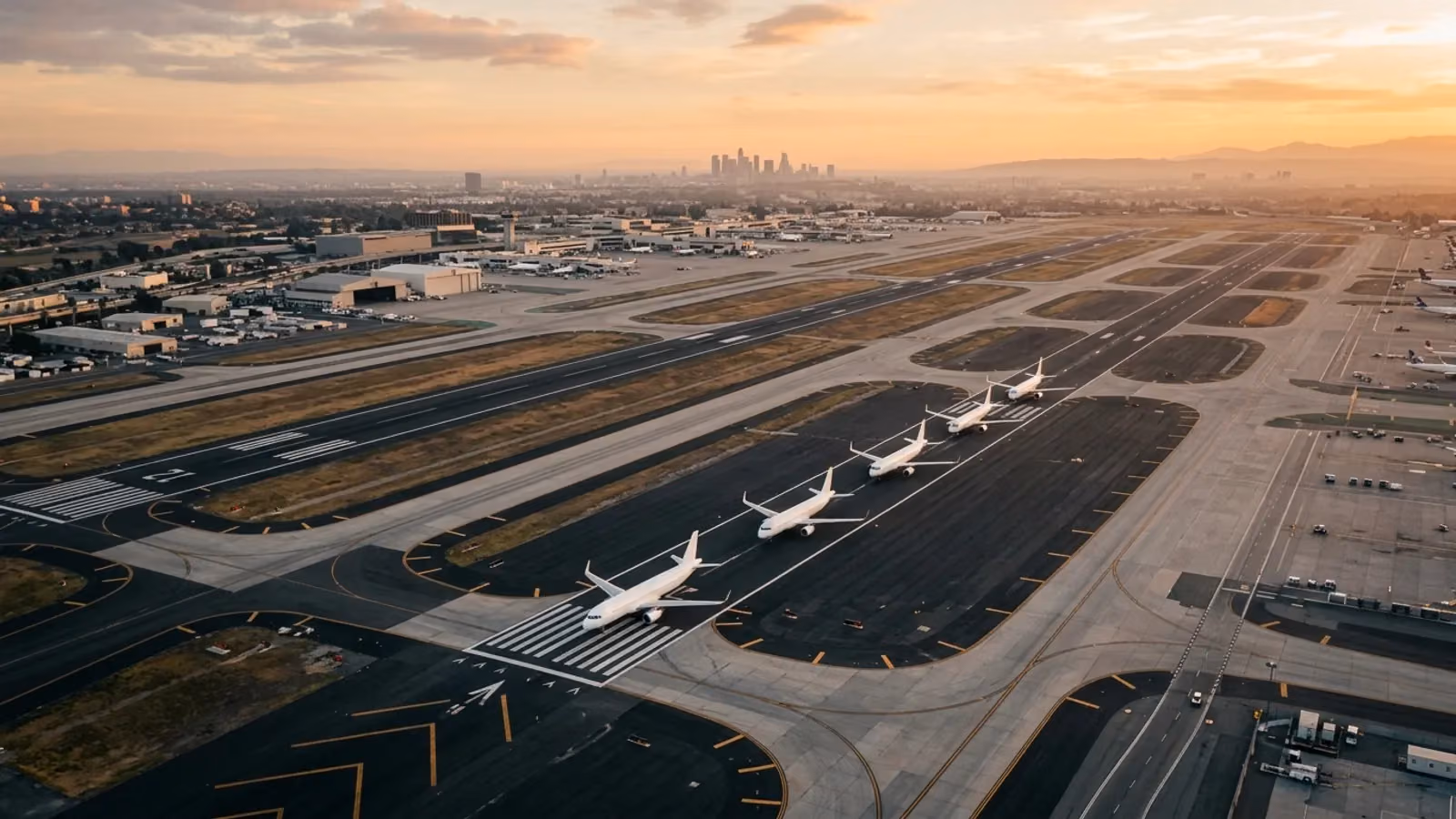 Large airport with parallel runways at golden hour
