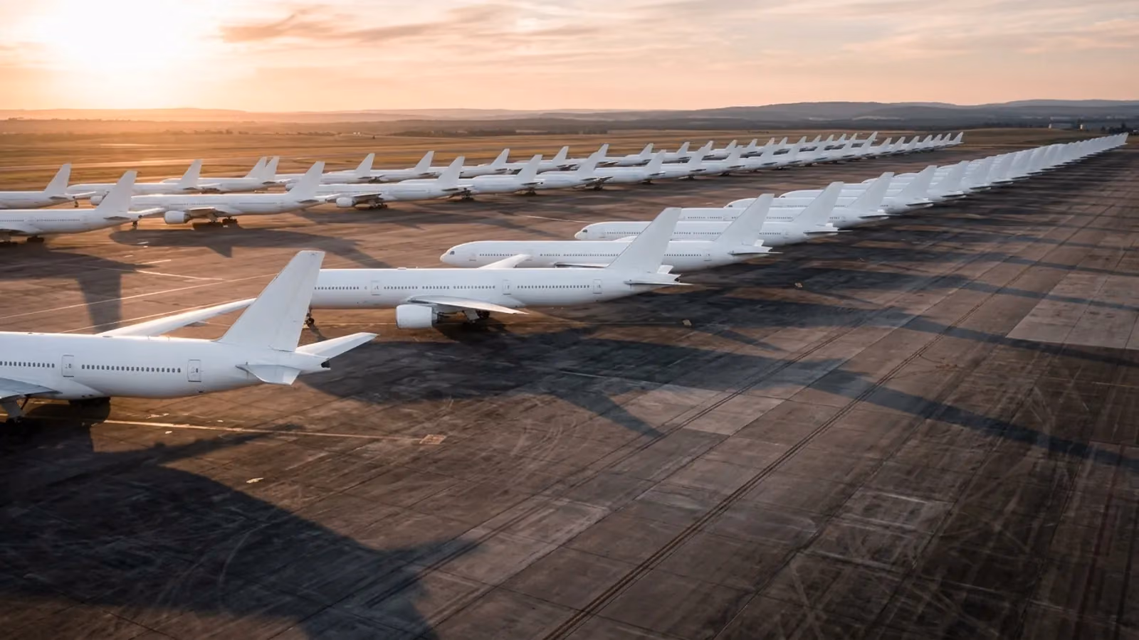 Rows of parked widebody jets on an apron at sunrise