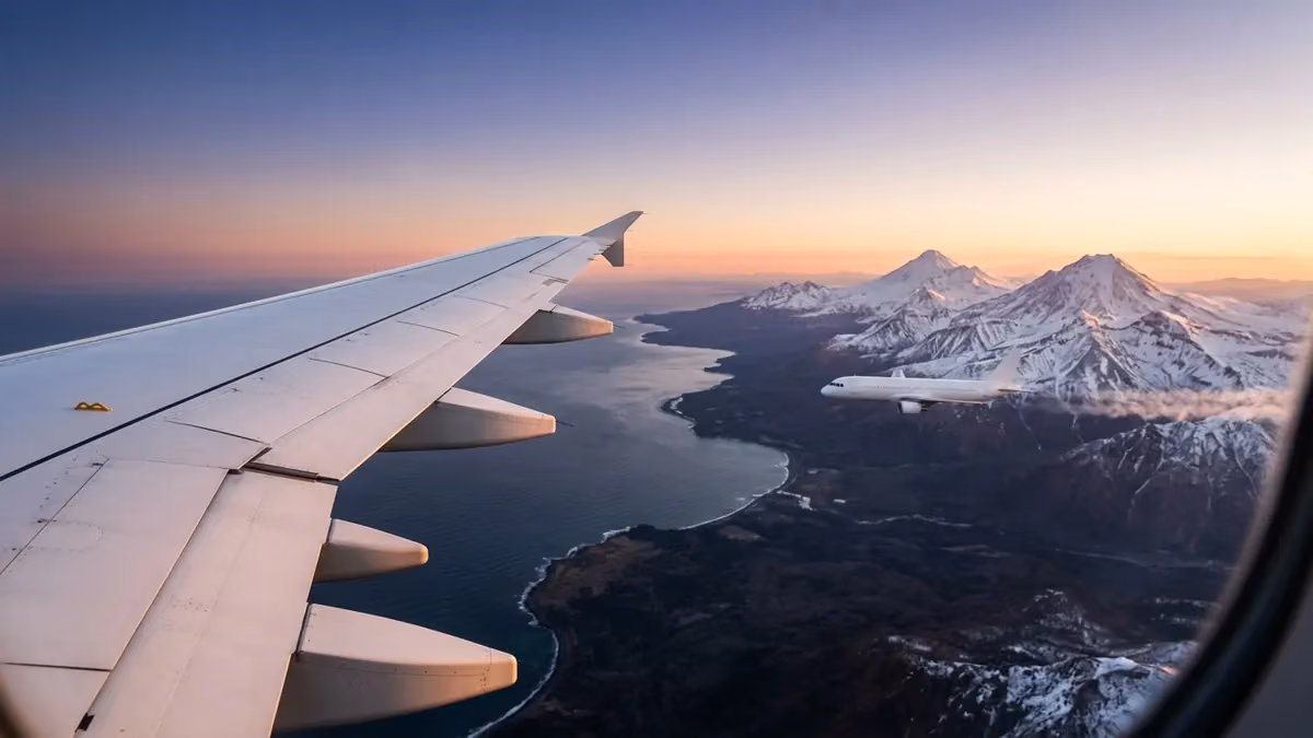 Snowy mountains and coast from a window at dawn