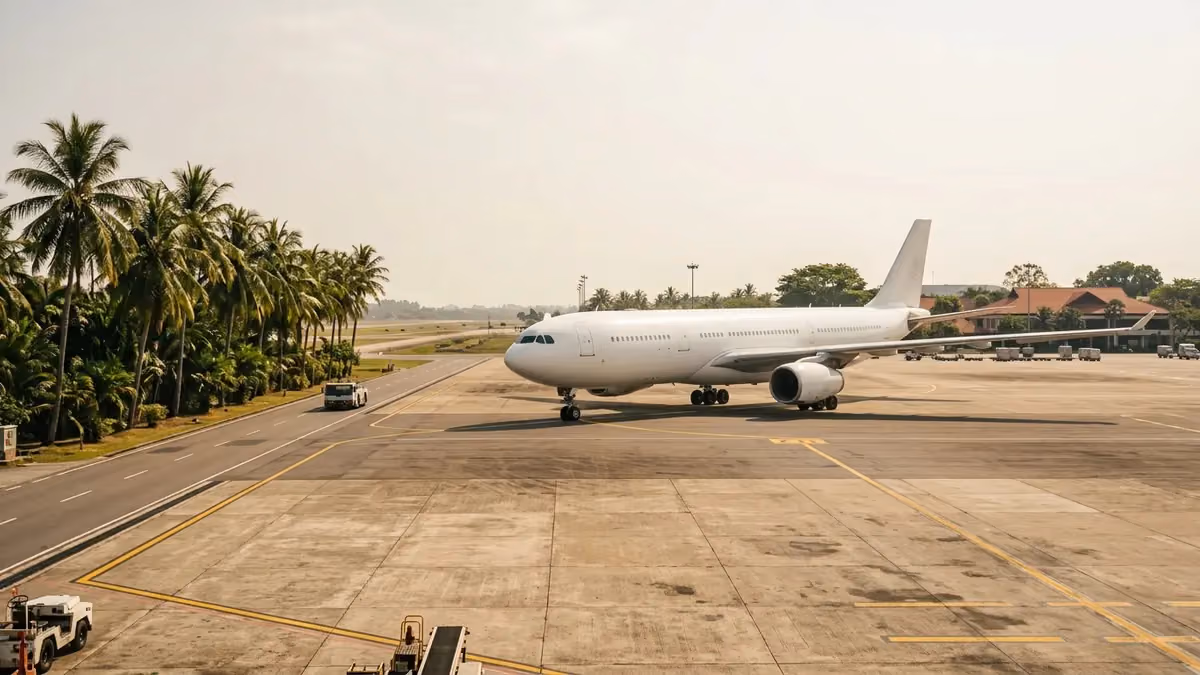Widebody jet on a tropical apron with palm trees