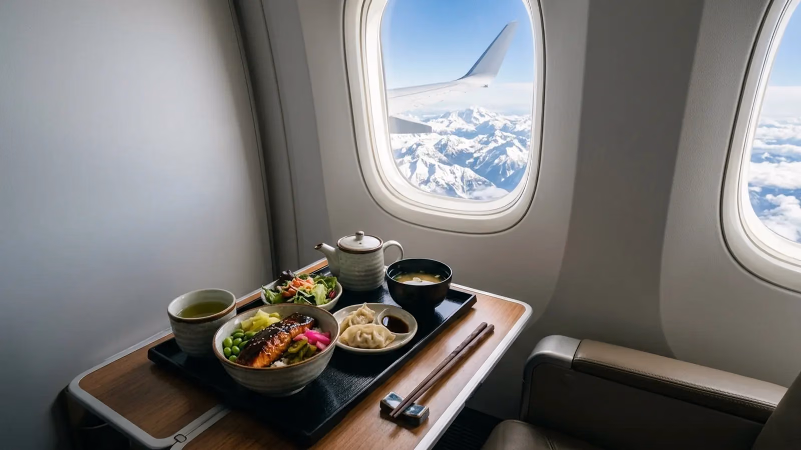 Asian meal on a tray table above snowy mountains