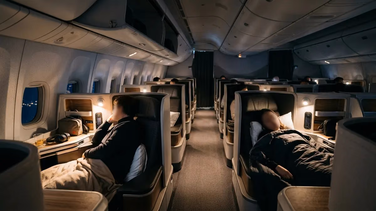 Business cabin aisle at night with reading lights on