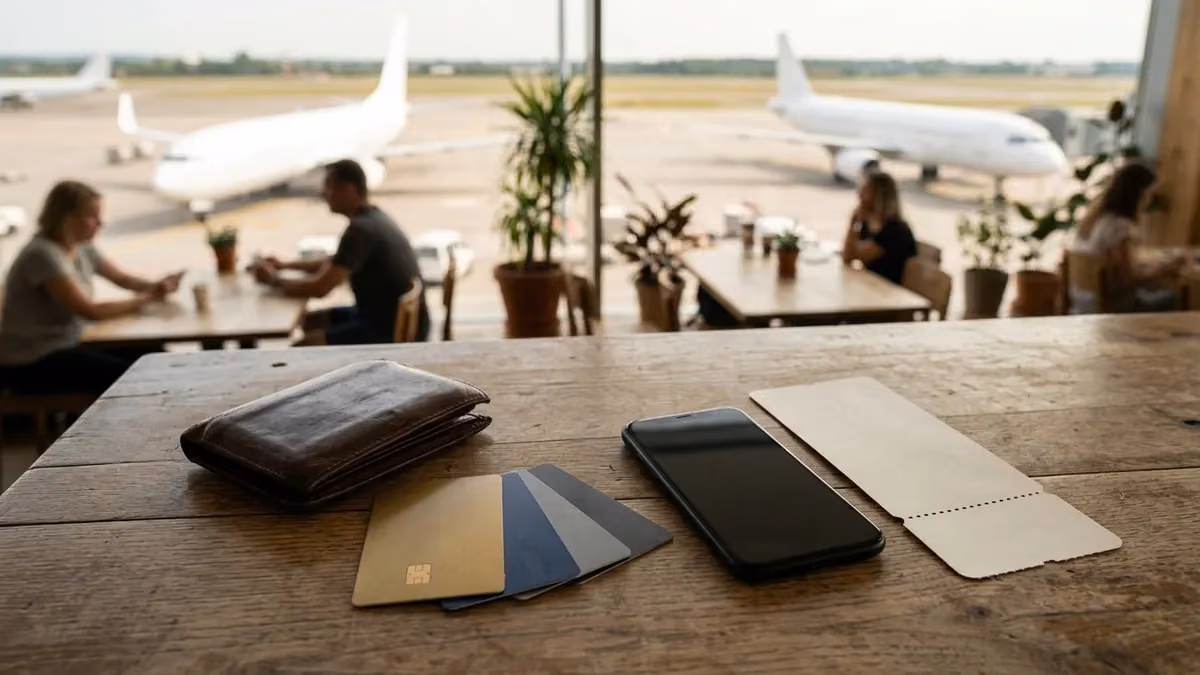 Plain payment cards and a phone on a café table