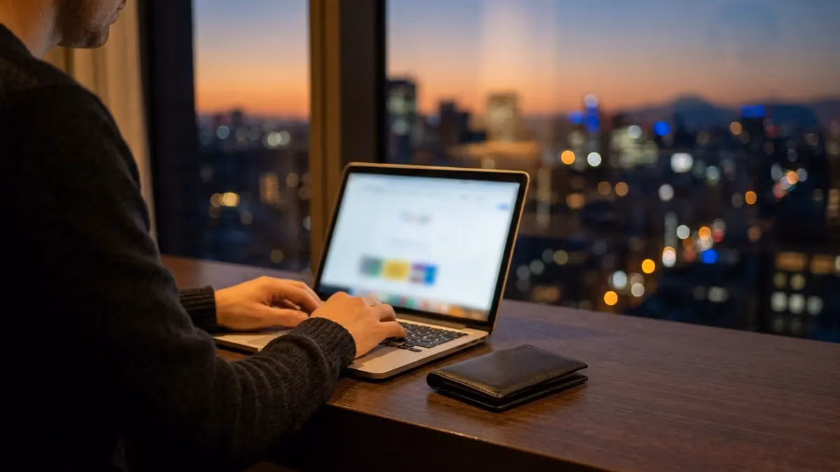 Traveller booking on a laptop at a hotel desk at dusk