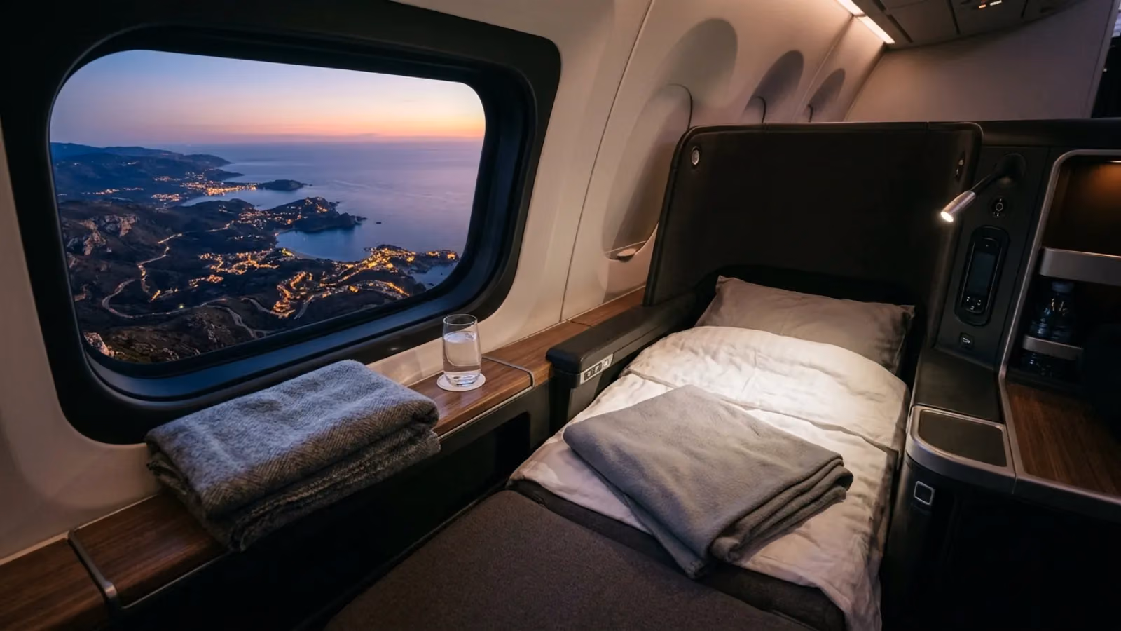 Lie-flat business seat by a window over a coastline at dusk