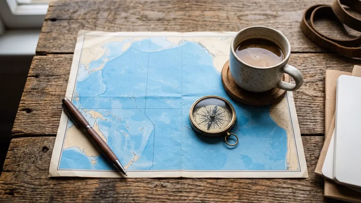 Unlabelled paper map of the Pacific with a compass and pen