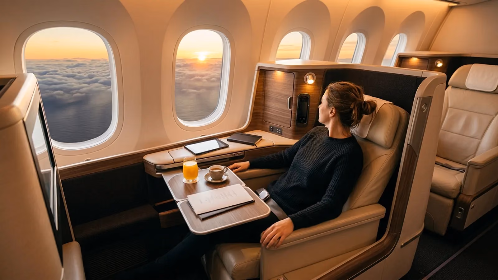 Business suite at sunrise above clouds over the ocean