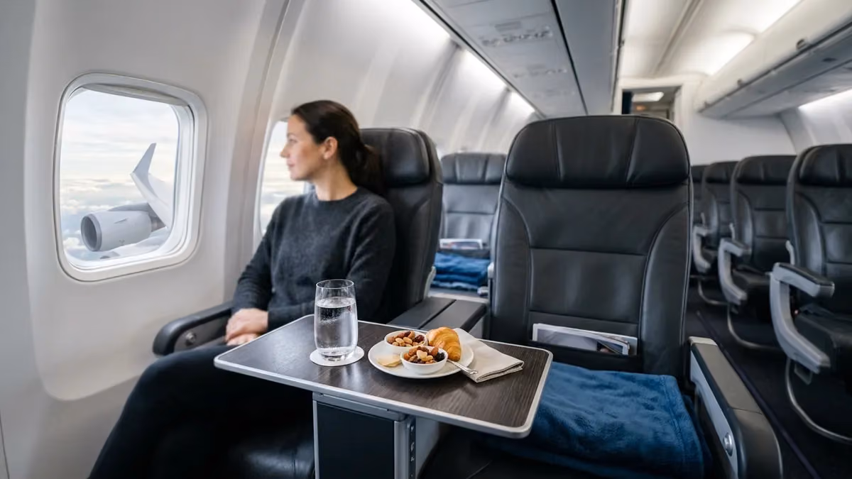 Snack and water on a blocked middle seat in a short-haul cabin