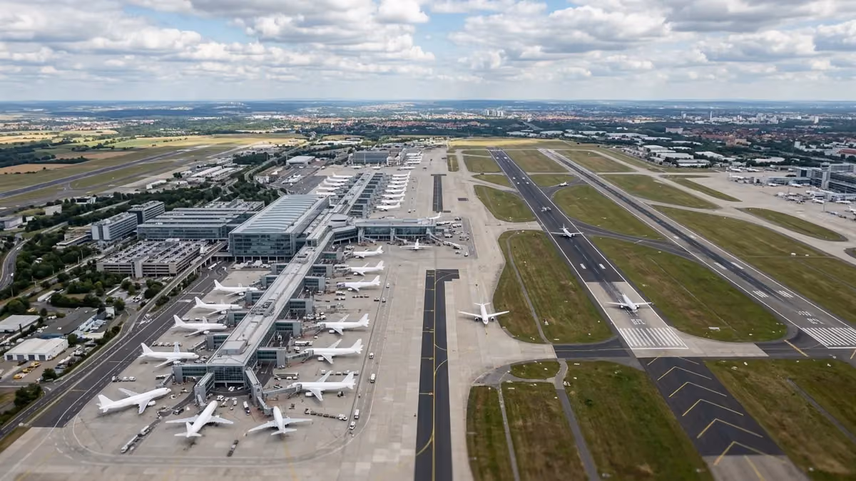 Busy airport with two terminals under scattered clouds