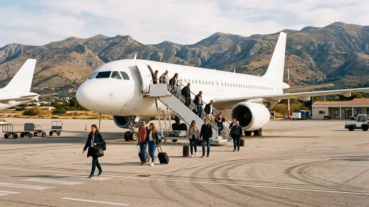 Passengers leaving a jet at a sunny southern European airport