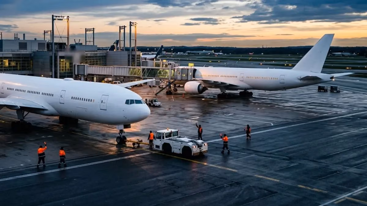 Two widebody jets at neighbouring gates at dusk