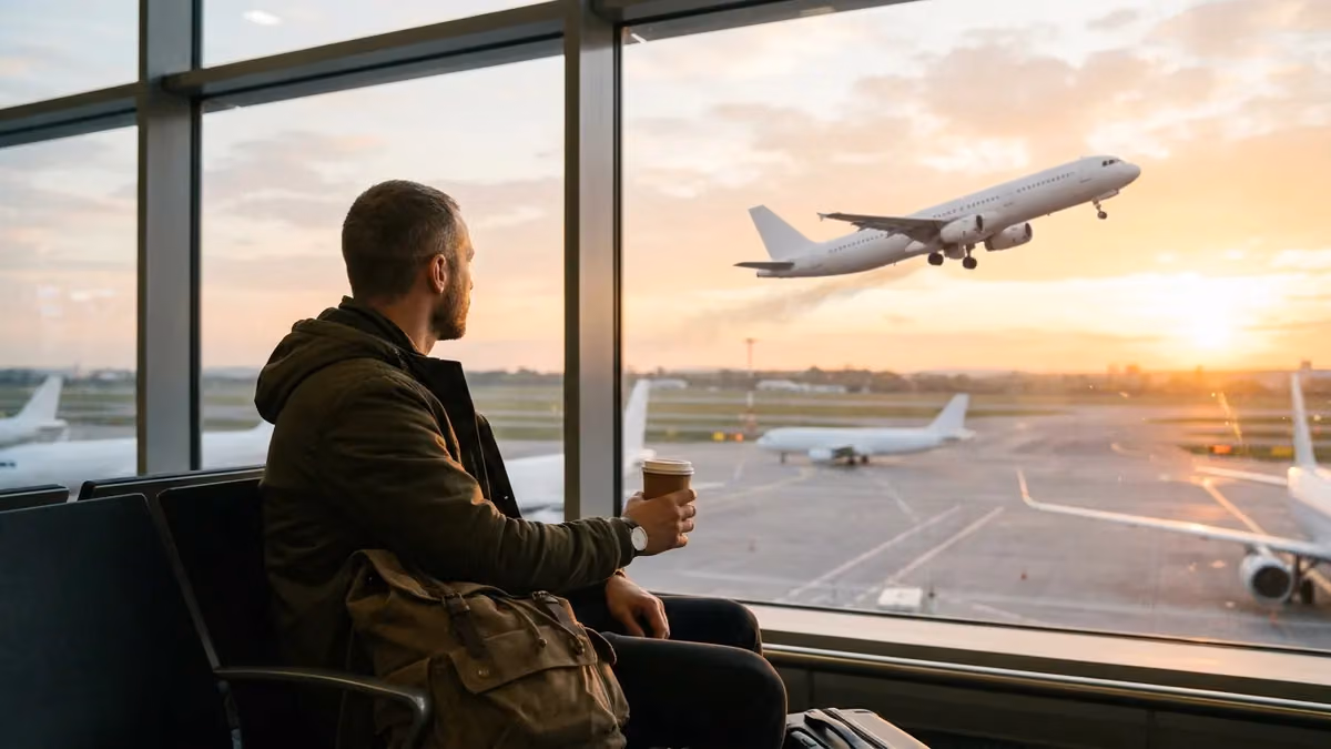 Traveller watching a jet take off at sunrise