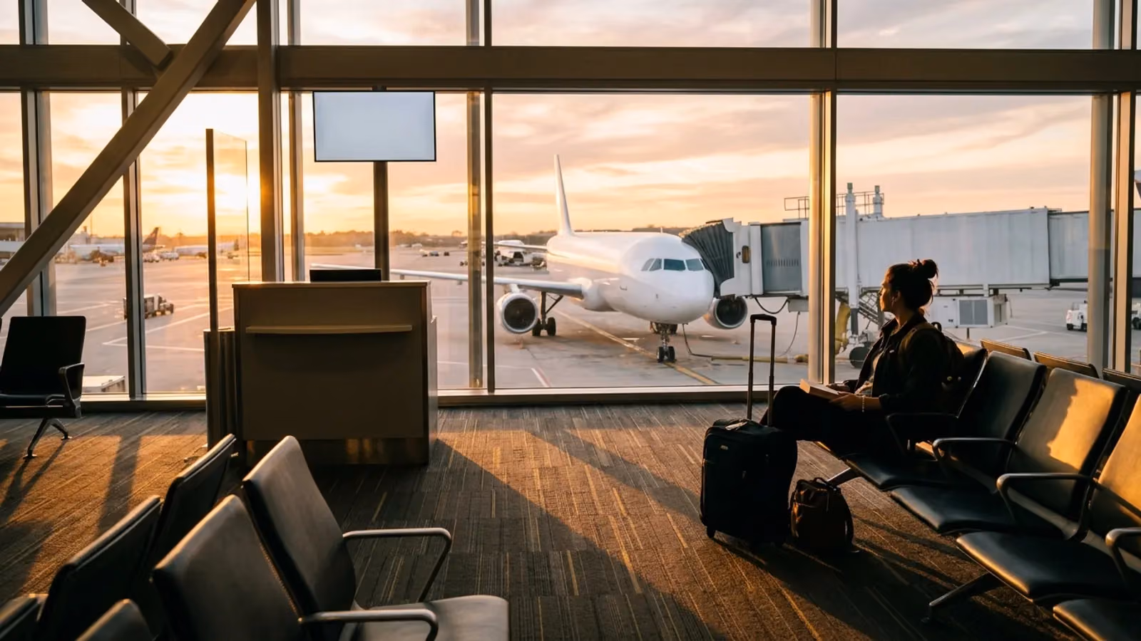 Traveller waiting at an empty gate at sunset