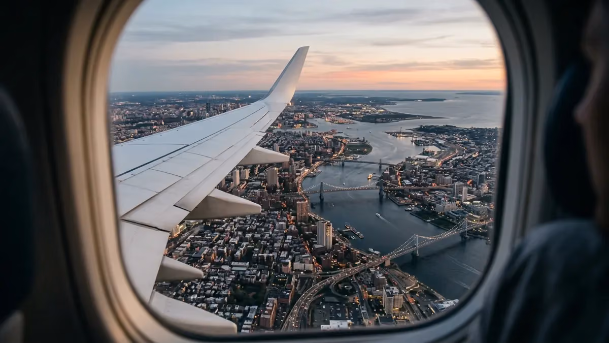 Coastal city with bridges seen on approach at dusk