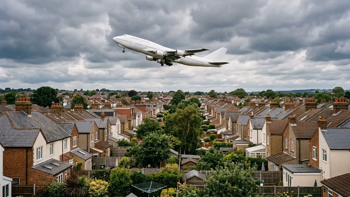 Jet taking off over suburban rooftops on a cloudy day