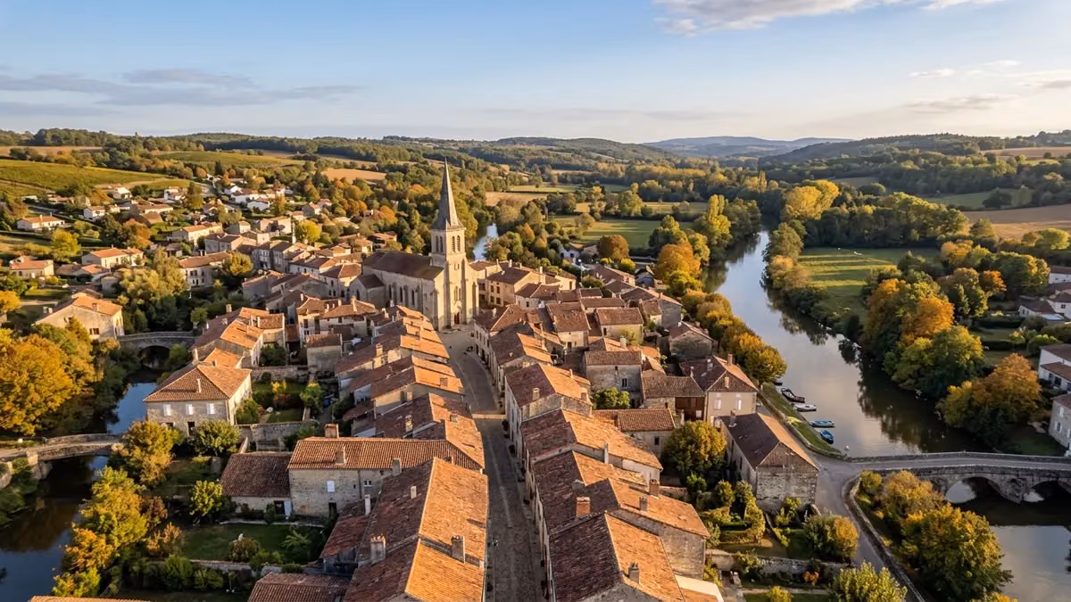 Old European city centre with a river from above