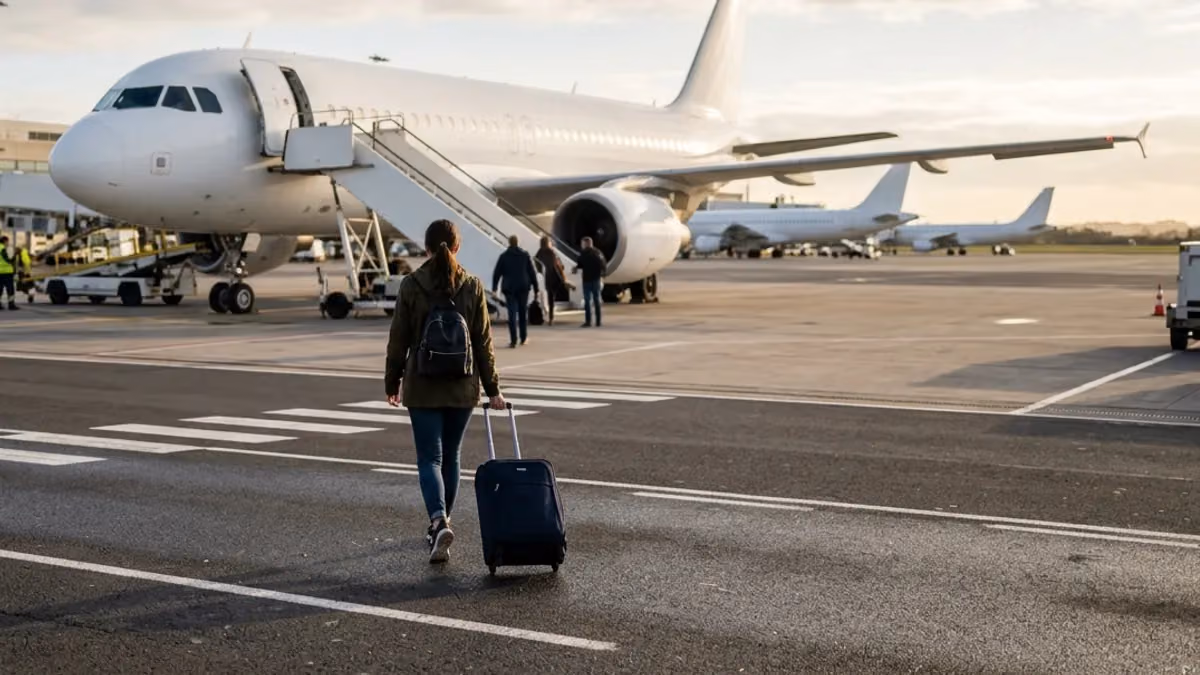 Traveller walking to the stairs of a small jet