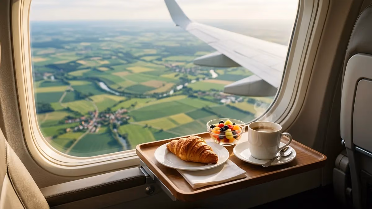 Breakfast tray in business class over European farmland