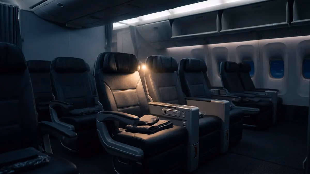 Row of empty business seats with one lit by a reading light