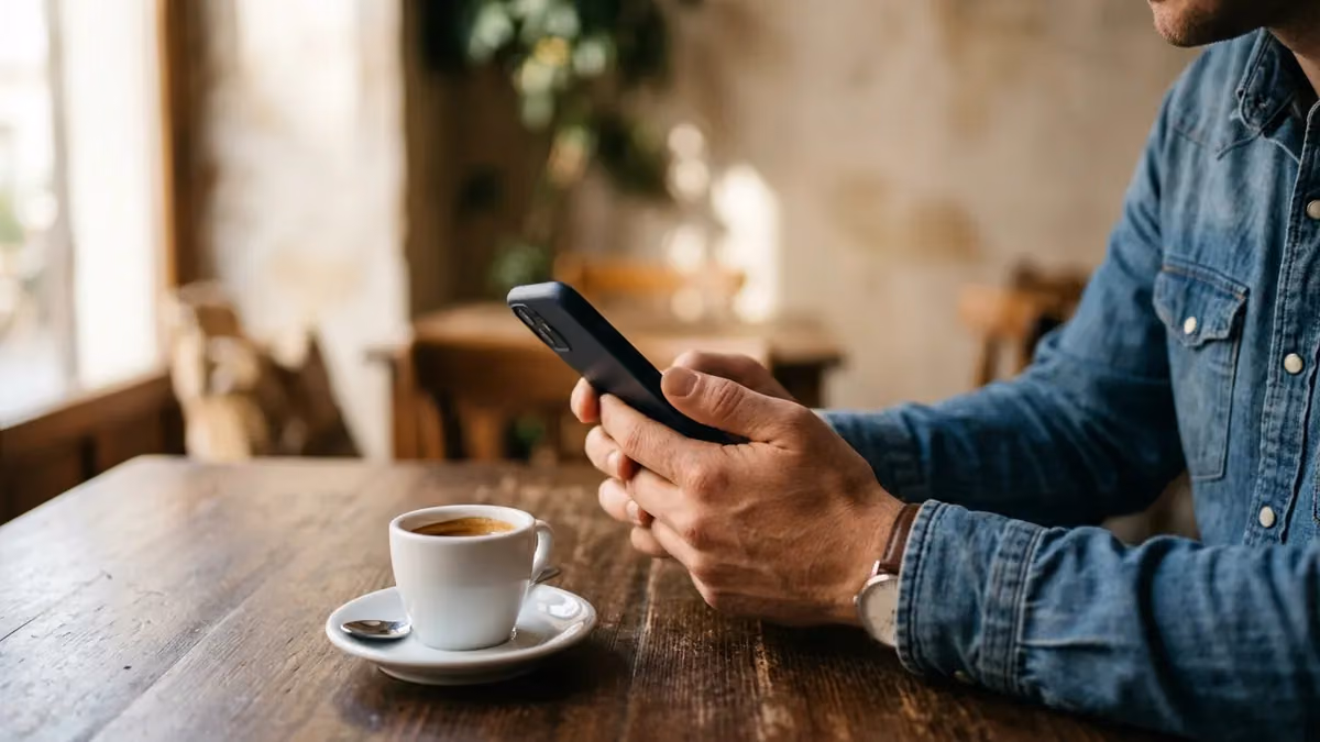 Thumb scrolling a phone over a café table