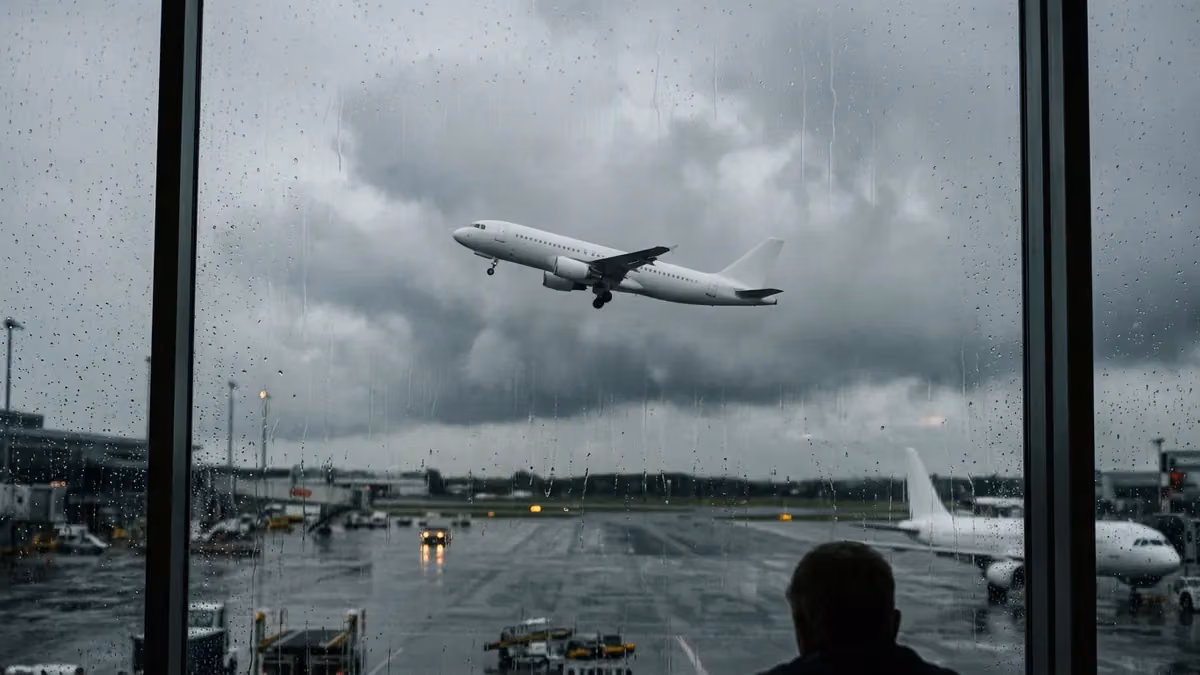 Jet taking off into low cloud behind a rainy window