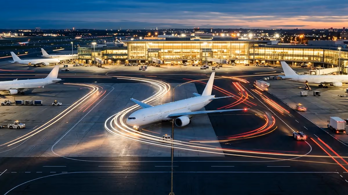 Light trails of taxiing aircraft on an apron at dusk