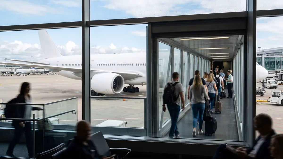 Travellers boarding through a jet bridge
