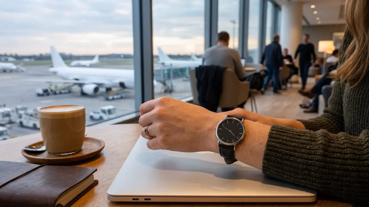 Wristwatch on a laptop beside a coffee in a lounge