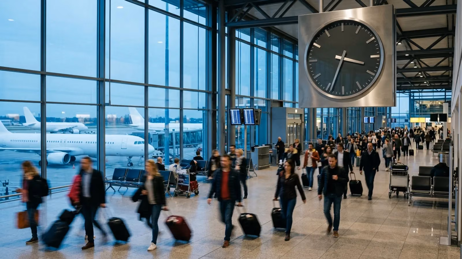 Busy departure hall under a large wall clock