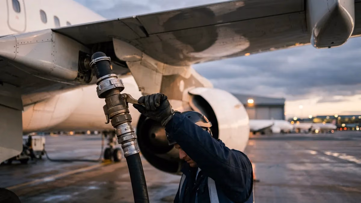 Fuel hose coupled under an aircraft wing at dusk