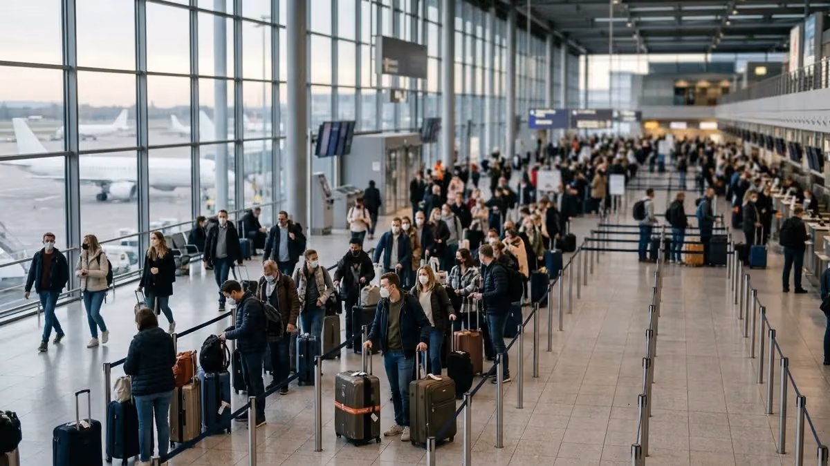 Early-morning check-in hall with queueing travellers