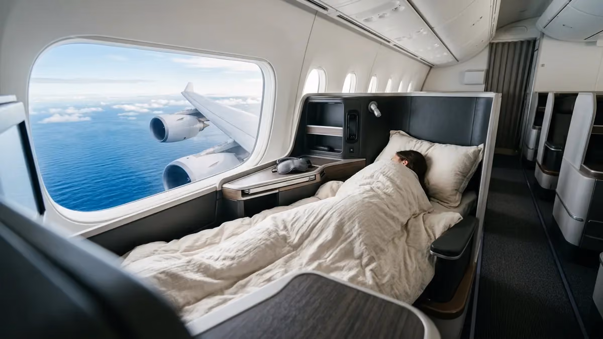 Business seat reclined into a bed over the ocean