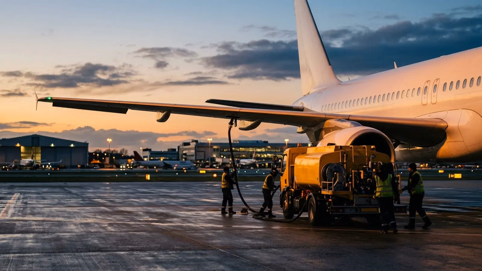 Fuel truck refuelling a widebody jet at dusk